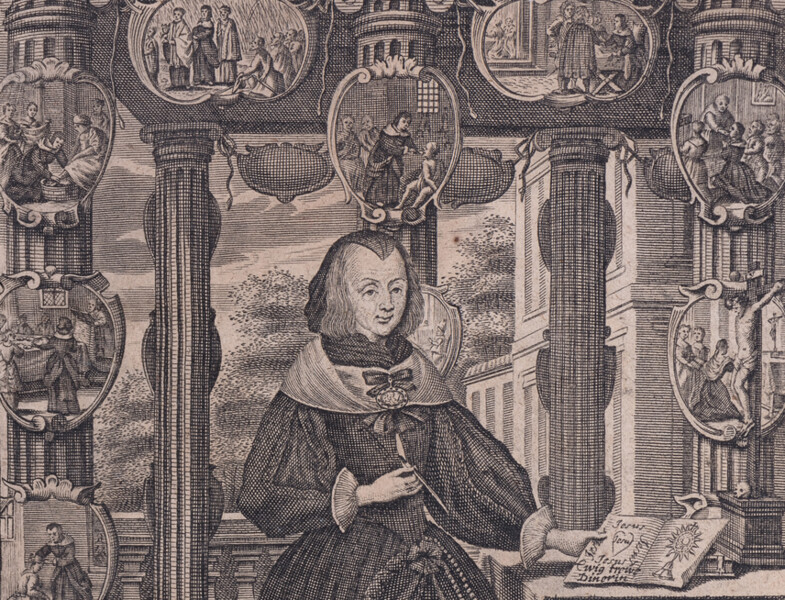 Františka Slavatová z Meggau, zakladatelka jezuitského probačního domu v Telči. Portrétní rytina z životopisné knihy Vynikající vdovské zrcadlo