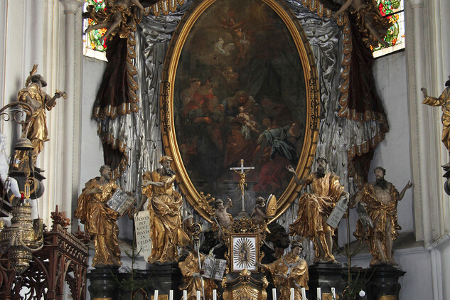 Kostel Narození Panny Marie v Želivi - hlavní oltář, celkový pohled, stav před restaurováním