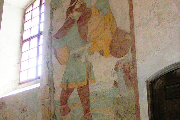 Zrestaurovaná malba sv. Kryštofa na jižní stěně lodi kostela (2020)